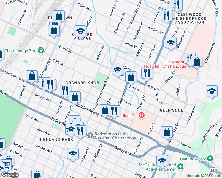 map of restaurants, bars, coffee shops, grocery stores, and more near 1910 East 5th Street in Chattanooga