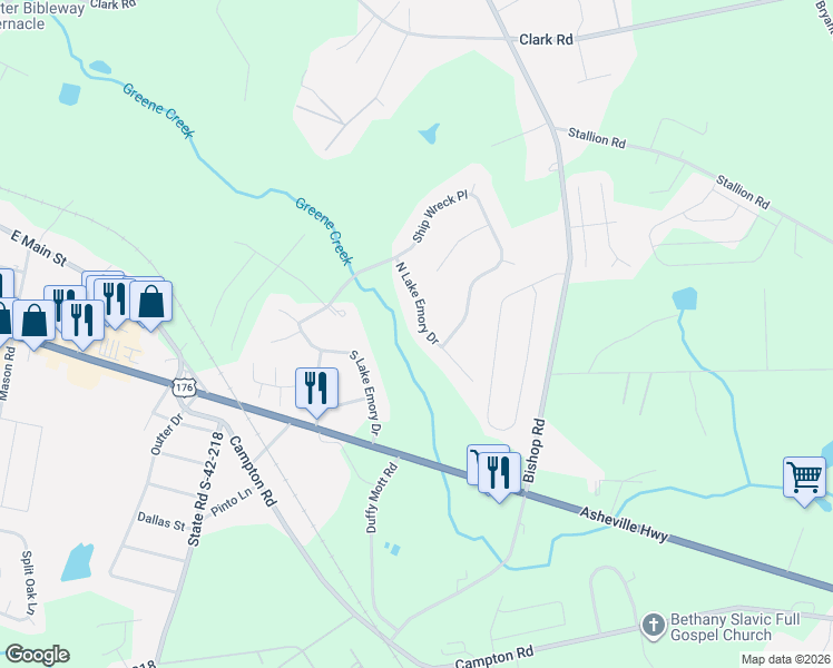 map of restaurants, bars, coffee shops, grocery stores, and more near 230 North Lake Emory Drive in Inman
