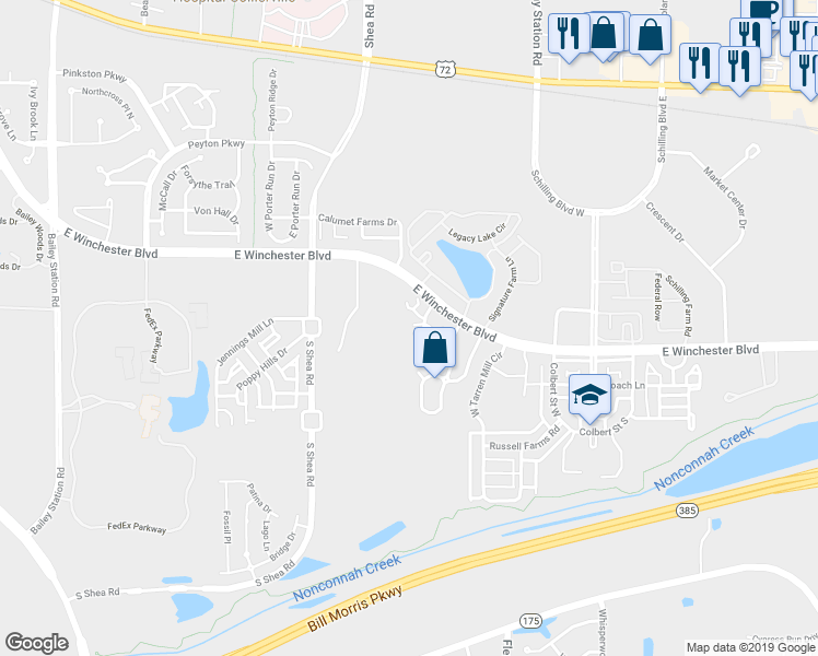 map of restaurants, bars, coffee shops, grocery stores, and more near 1125 Oak Heights Lane in Collierville