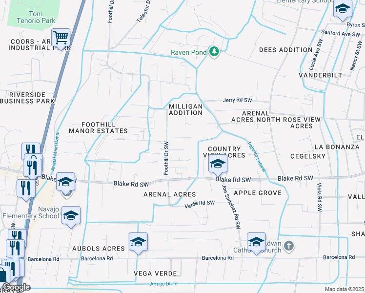 map of restaurants, bars, coffee shops, grocery stores, and more near 2706 Foothill Drive Southwest in Albuquerque