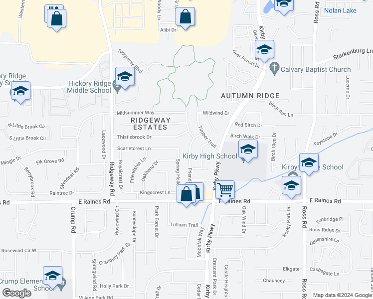 map of restaurants, bars, coffee shops, grocery stores, and more near 4031 Friendly Way in Memphis