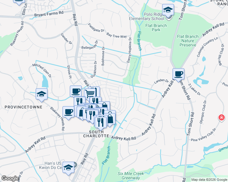 map of restaurants, bars, coffee shops, grocery stores, and more near 7031 Blakeney Greens Boulevard in Charlotte