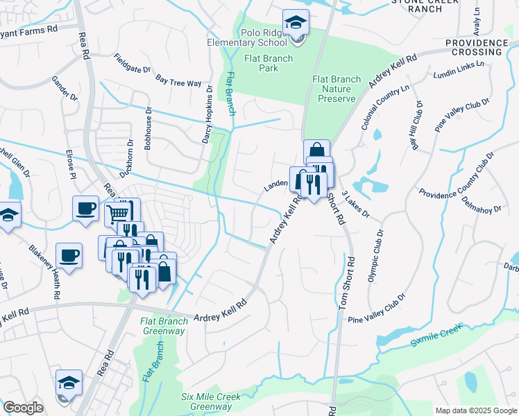 map of restaurants, bars, coffee shops, grocery stores, and more near 12124 Landen Drive in Charlotte