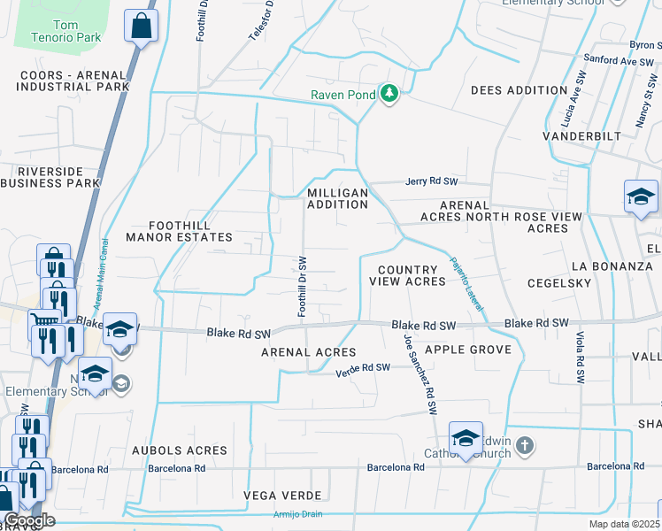 map of restaurants, bars, coffee shops, grocery stores, and more near 2706 Foothill Drive Southwest in Albuquerque