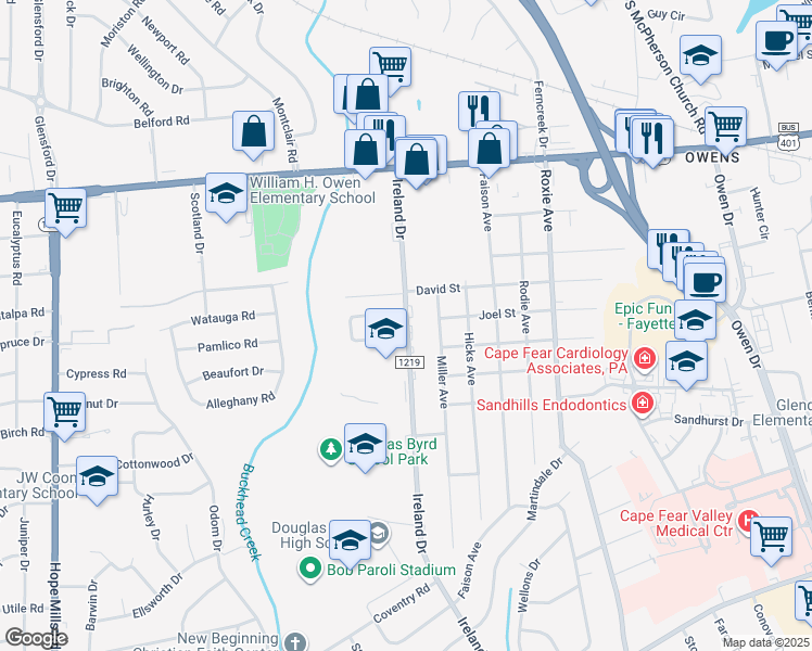 map of restaurants, bars, coffee shops, grocery stores, and more near 1401 Ireland Drive in Fayetteville