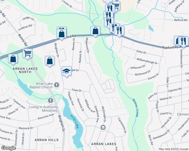 map of restaurants, bars, coffee shops, grocery stores, and more near 1124 Wildwood Drive in Fayetteville