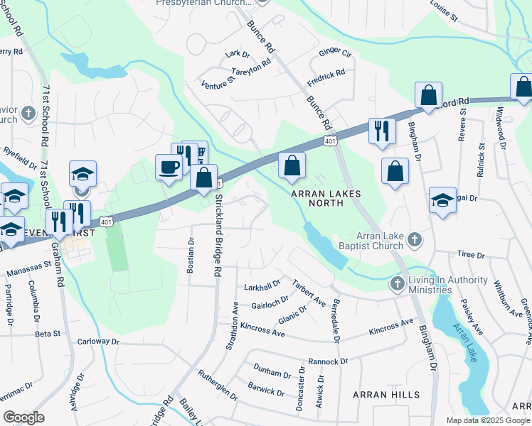 map of restaurants, bars, coffee shops, grocery stores, and more near 6403 Starbrook Drive in Fayetteville
