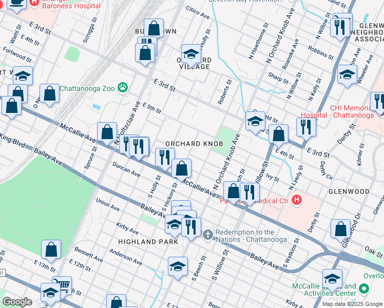 map of restaurants, bars, coffee shops, grocery stores, and more near 164 North Hickory Street in Chattanooga