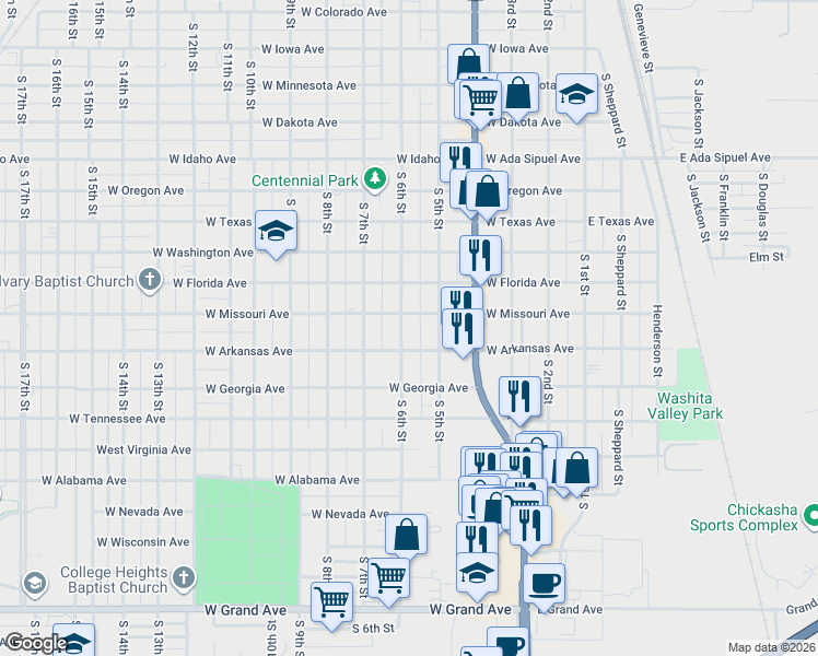 map of restaurants, bars, coffee shops, grocery stores, and more near 1213 South 6th Street in Chickasha