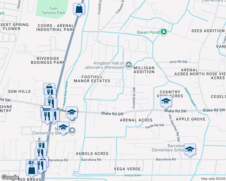 map of restaurants, bars, coffee shops, grocery stores, and more near 3106 El Pinon Street Southwest in Albuquerque