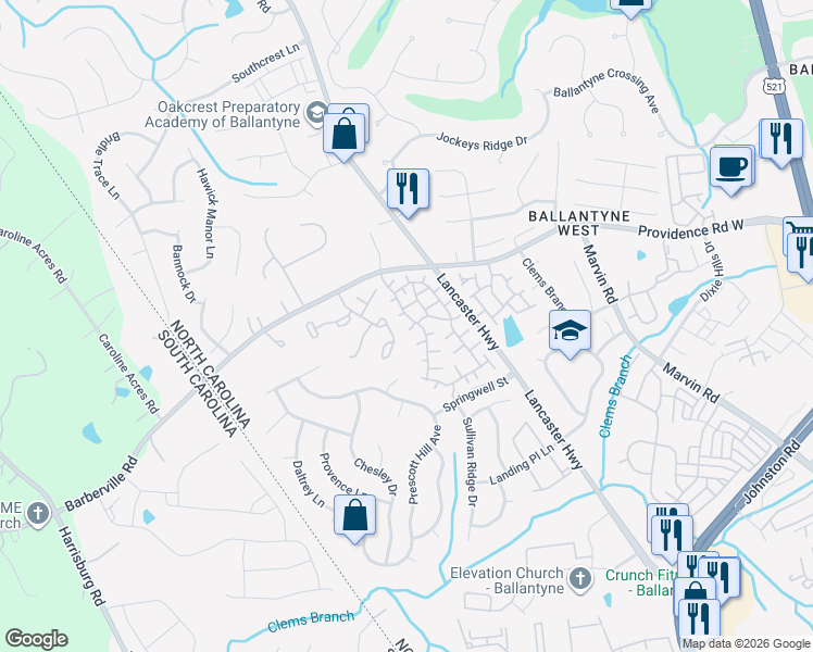 map of restaurants, bars, coffee shops, grocery stores, and more near 14722 Intermilan Way in Charlotte