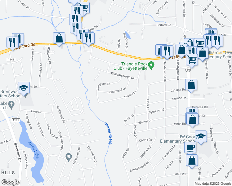 map of restaurants, bars, coffee shops, grocery stores, and more near 325 Richmond Drive in Fayetteville