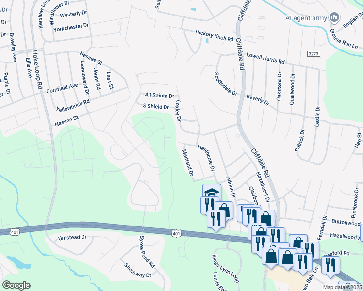 map of restaurants, bars, coffee shops, grocery stores, and more near 2002 Maitland Drive in Fayetteville
