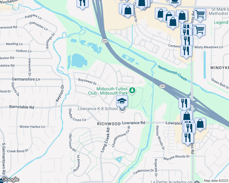 map of restaurants, bars, coffee shops, grocery stores, and more near 4023 Long Creek Road in Memphis