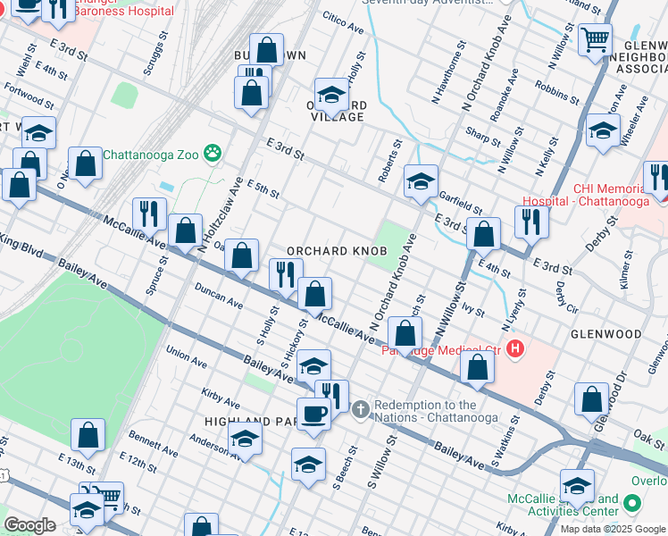 map of restaurants, bars, coffee shops, grocery stores, and more near 164 North Hickory Street in Chattanooga