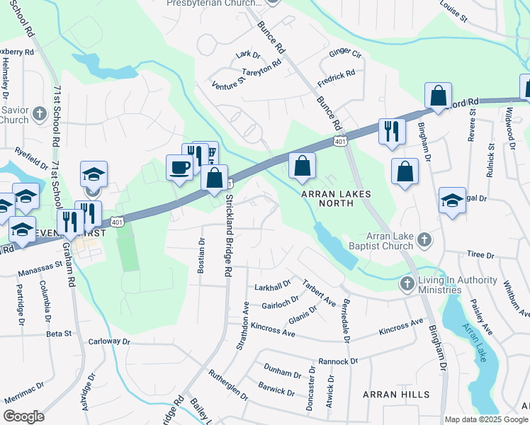map of restaurants, bars, coffee shops, grocery stores, and more near 1128 Southwood Drive in Fayetteville