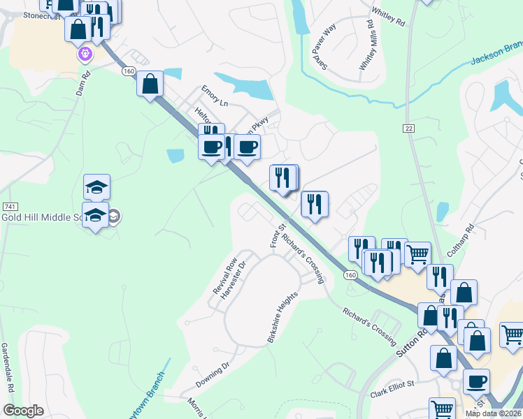 map of restaurants, bars, coffee shops, grocery stores, and more near 3462 Richard's Crossing in Fort Mill