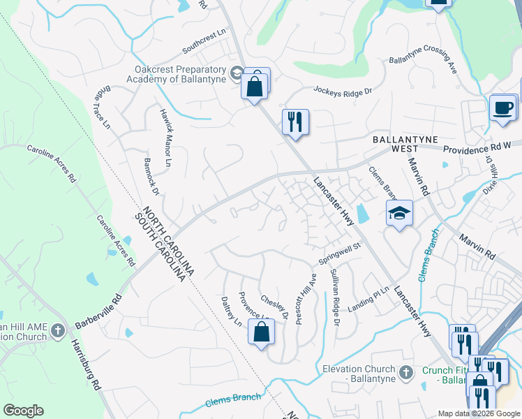 map of restaurants, bars, coffee shops, grocery stores, and more near 12335 Bluestem Lane in Charlotte