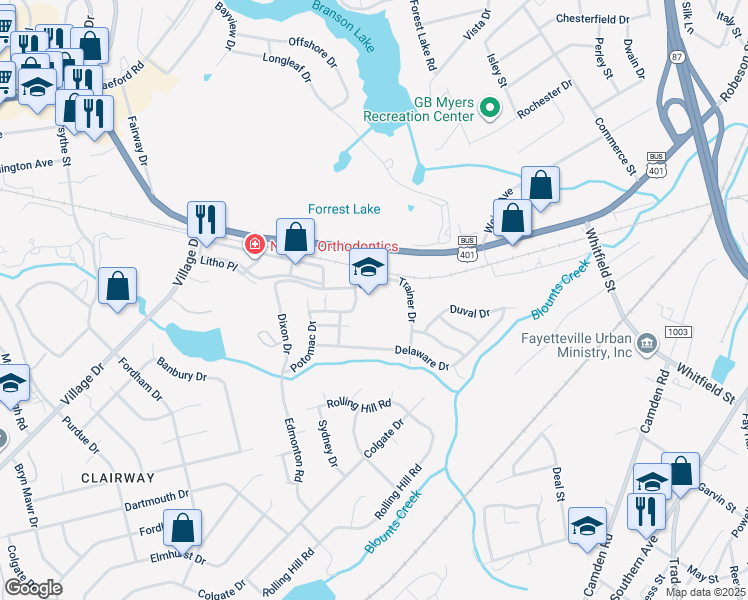 map of restaurants, bars, coffee shops, grocery stores, and more near 810 Trainer Drive in Fayetteville