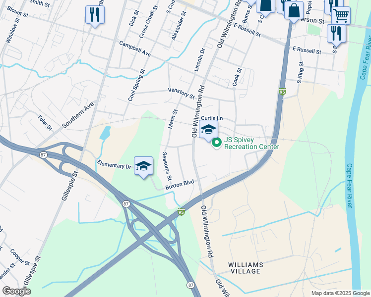 map of restaurants, bars, coffee shops, grocery stores, and more near 434 Wright Street in Fayetteville