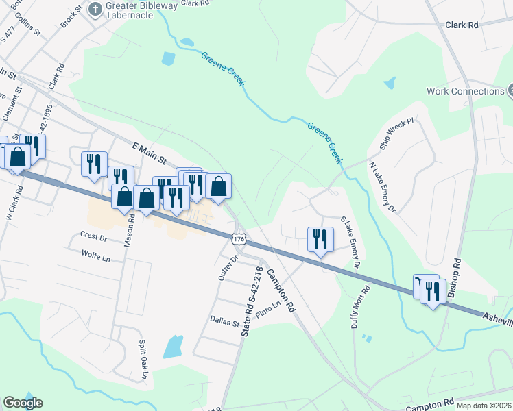map of restaurants, bars, coffee shops, grocery stores, and more near 181 East Main Street in Inman