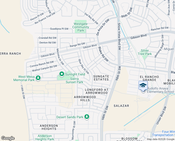 map of restaurants, bars, coffee shops, grocery stores, and more near 2700 Blue Sky Street Southwest in Albuquerque