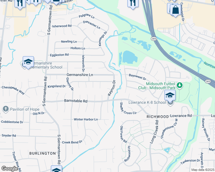map of restaurants, bars, coffee shops, grocery stores, and more near 7452 Keynon Cove in Memphis