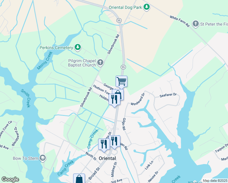 map of restaurants, bars, coffee shops, grocery stores, and more near 601 George Street in Oriental