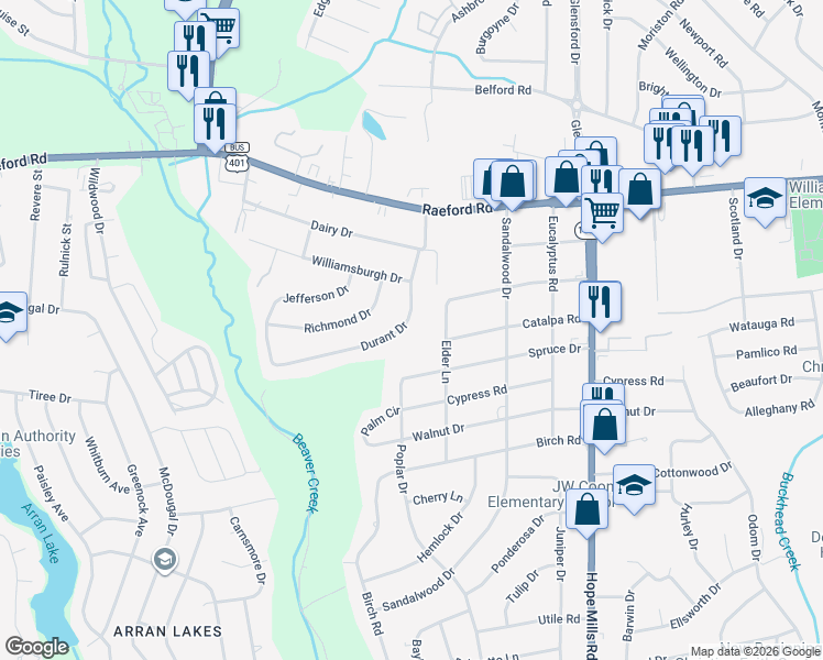 map of restaurants, bars, coffee shops, grocery stores, and more near 313 Durant Drive in Fayetteville