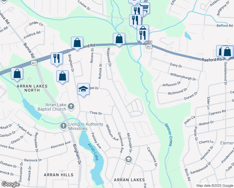 map of restaurants, bars, coffee shops, grocery stores, and more near 1124 Wildwood Drive in Fayetteville