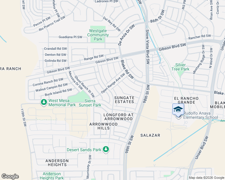 map of restaurants, bars, coffee shops, grocery stores, and more near 2708 Sunny Sky Lane Southwest in Albuquerque