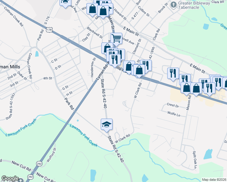 map of restaurants, bars, coffee shops, grocery stores, and more near 12 Pine Street in Inman