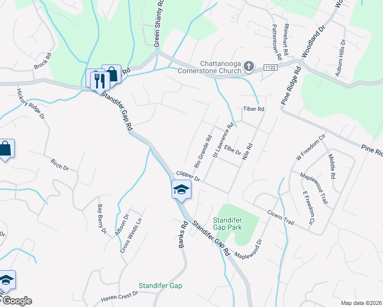 map of restaurants, bars, coffee shops, grocery stores, and more near 2717 Rio Grande Road in Chattanooga