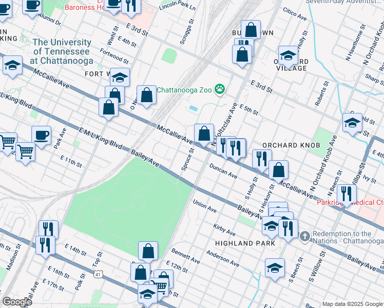 map of restaurants, bars, coffee shops, grocery stores, and more near 1207 Duncan Avenue in Chattanooga