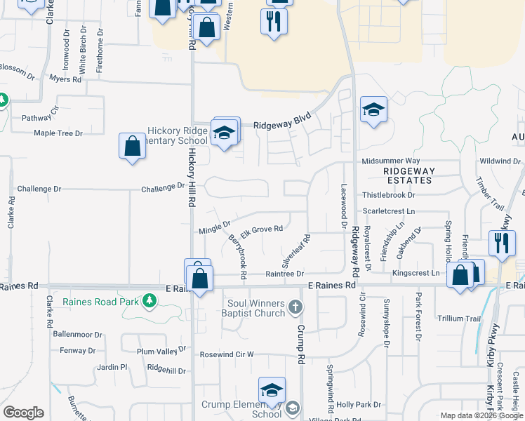 map of restaurants, bars, coffee shops, grocery stores, and more near 6039 Mingle Drive in Memphis
