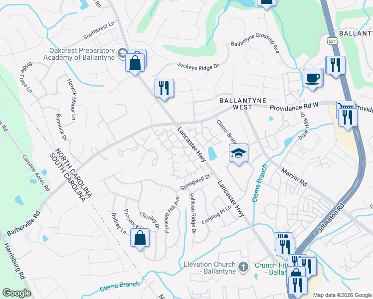 map of restaurants, bars, coffee shops, grocery stores, and more near 14521 Crociani Drive in Charlotte