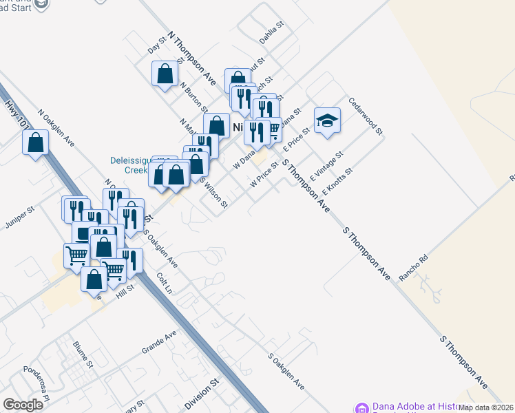 map of restaurants, bars, coffee shops, grocery stores, and more near 201 West Bennett Street in Nipomo