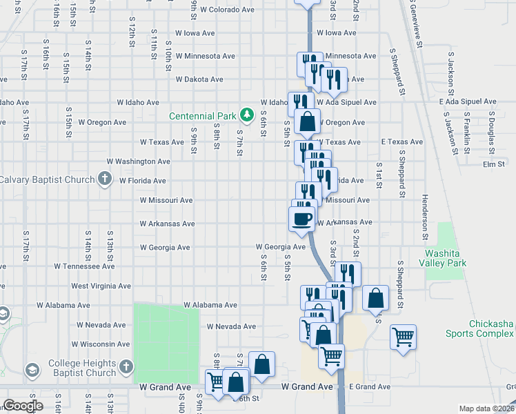 map of restaurants, bars, coffee shops, grocery stores, and more near 1213 South 6th Street in Chickasha