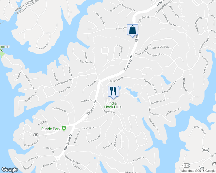 map of restaurants, bars, coffee shops, grocery stores, and more near 719 Deerbrook Lane in Tega Cay
