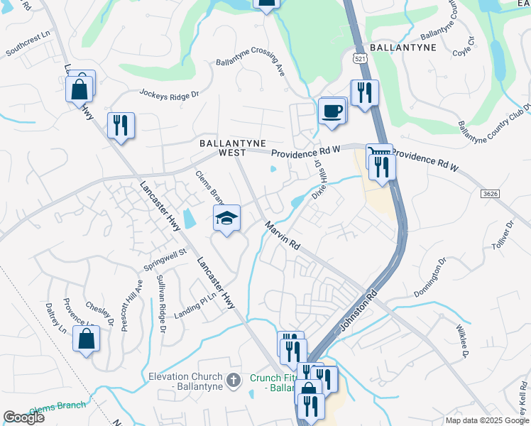 map of restaurants, bars, coffee shops, grocery stores, and more near 15423 Learning Lane in Charlotte