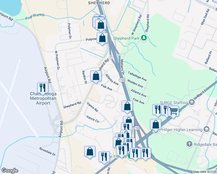map of restaurants, bars, coffee shops, grocery stores, and more near 6105 Fisk Avenue in Chattanooga