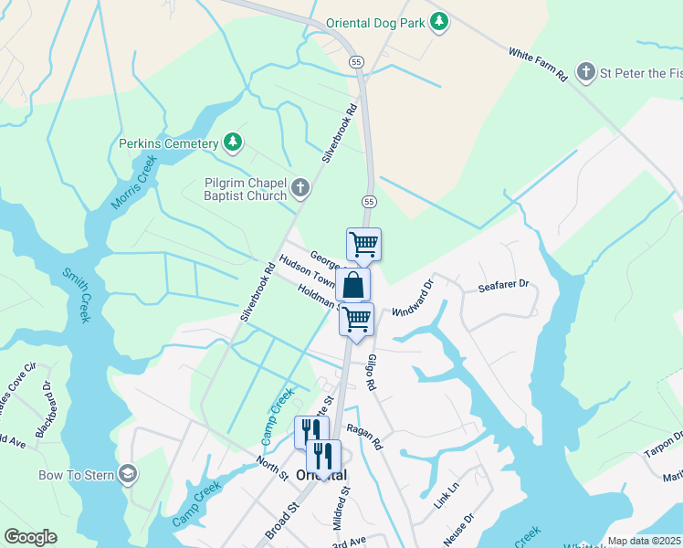 map of restaurants, bars, coffee shops, grocery stores, and more near 601 George Street in Oriental