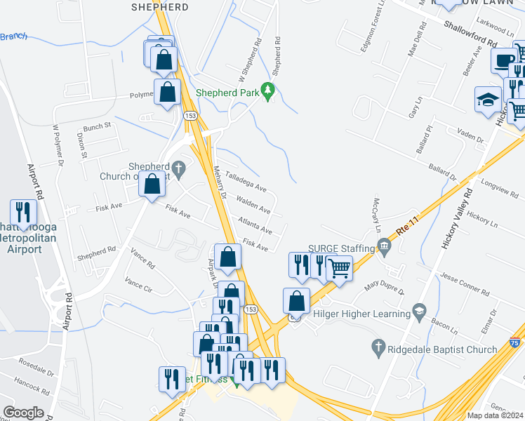 map of restaurants, bars, coffee shops, grocery stores, and more near 6316 Walden Avenue in Chattanooga