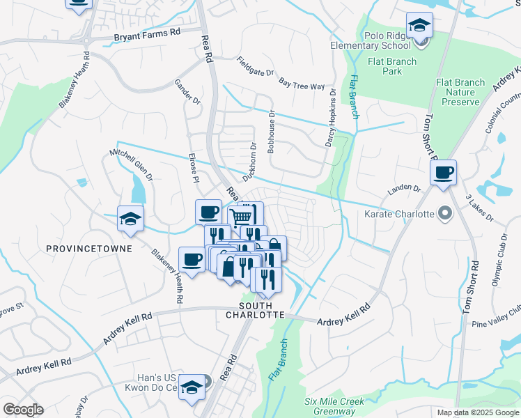 map of restaurants, bars, coffee shops, grocery stores, and more near 11125 Bullock Greenway Boulevard in Charlotte