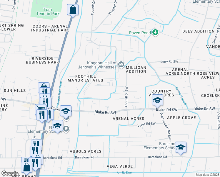 map of restaurants, bars, coffee shops, grocery stores, and more near 3106 El Pinon Street Southwest in Albuquerque