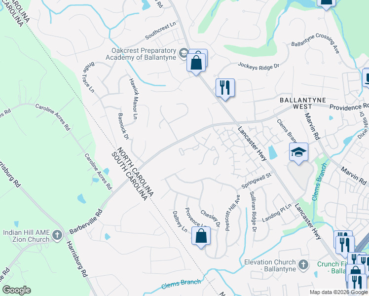 map of restaurants, bars, coffee shops, grocery stores, and more near 12593 Bluestem Lane in Charlotte