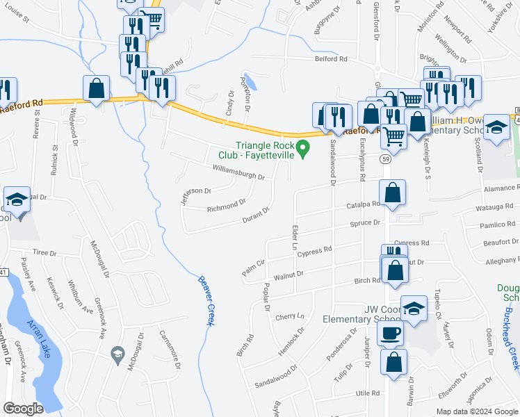 map of restaurants, bars, coffee shops, grocery stores, and more near 318 Durant Drive in Fayetteville