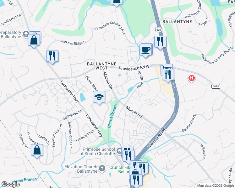 map of restaurants, bars, coffee shops, grocery stores, and more near 14069 Castle Abbey Lane in Charlotte
