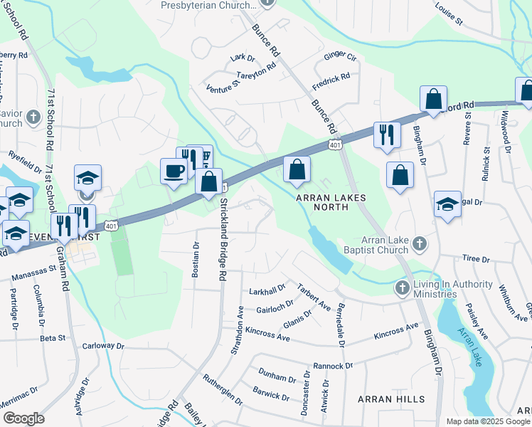 map of restaurants, bars, coffee shops, grocery stores, and more near 1128 Southwood Drive in Fayetteville
