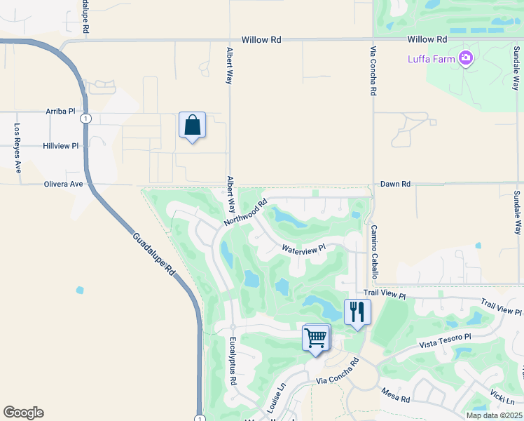 map of restaurants, bars, coffee shops, grocery stores, and more near 1777 Northwood Road in Nipomo